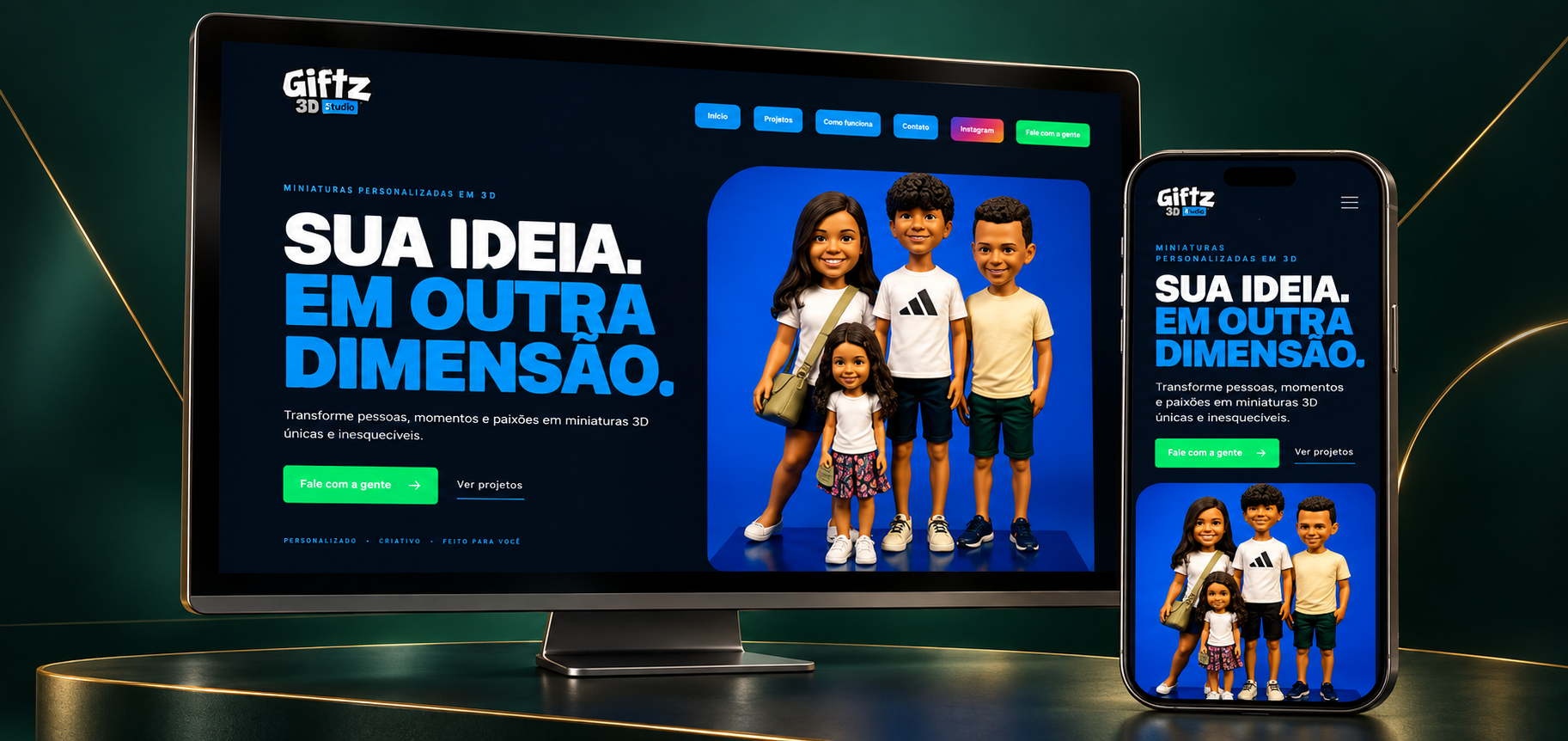 Projeto Giftz 3D Studio exibido em computador e celular