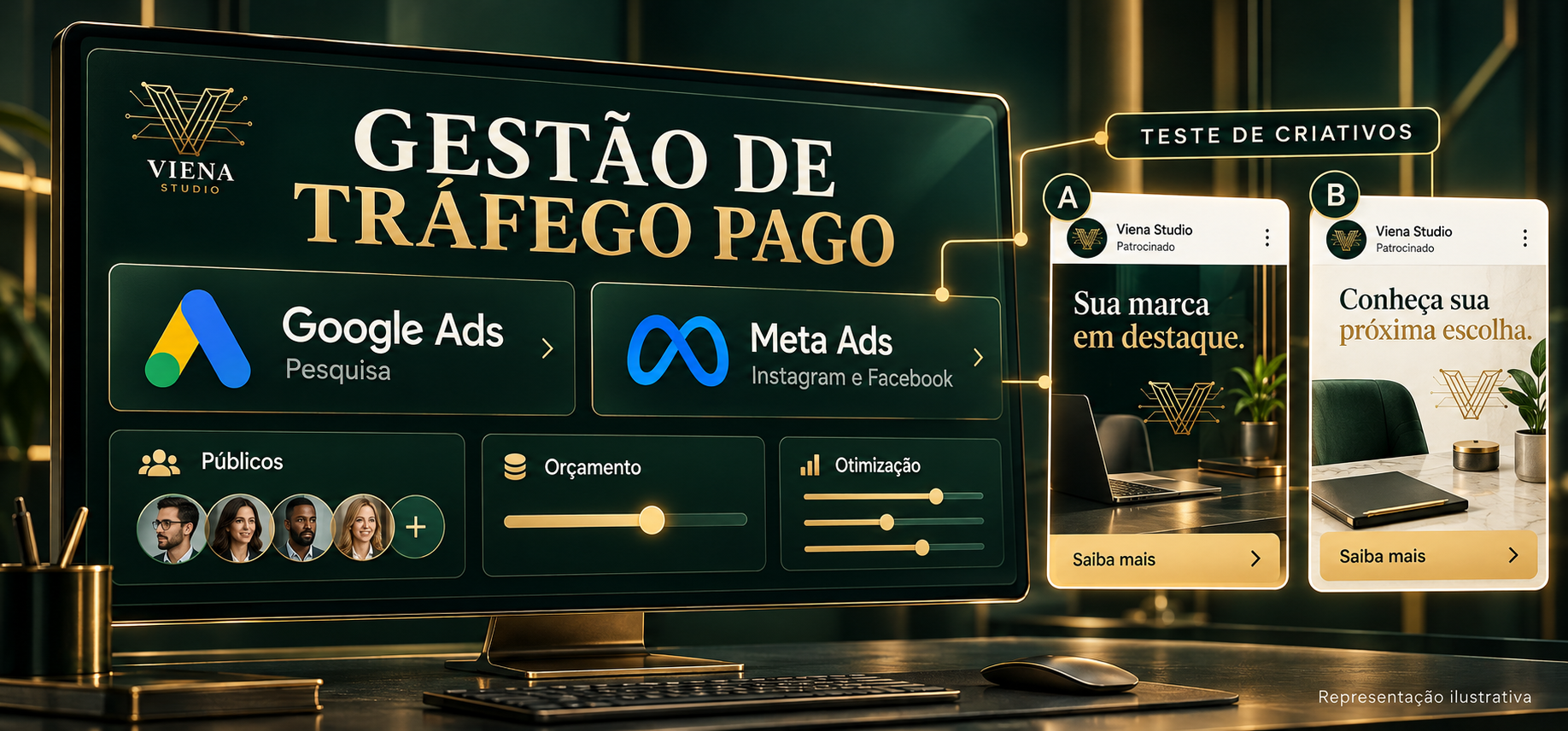 Representação ilustrativa de gestão de tráfego pago para Google Ads e Meta Ads