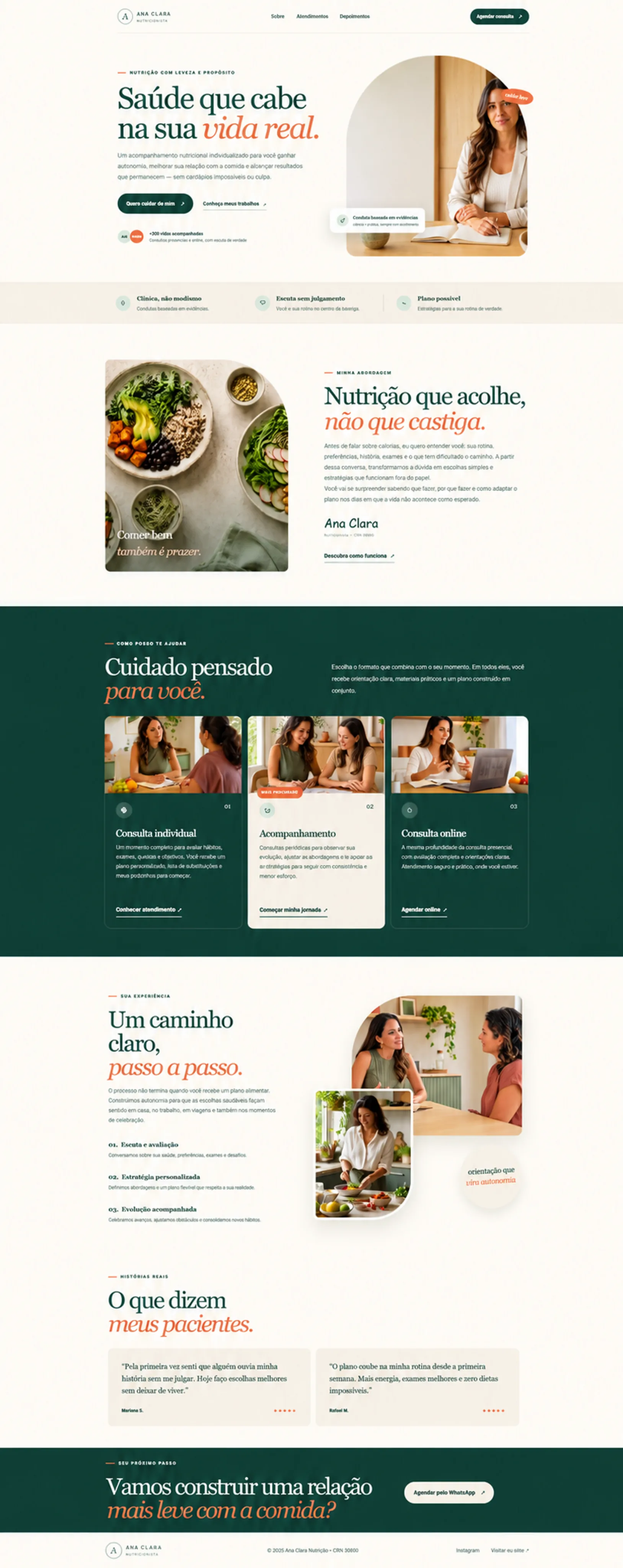 Modelo de site da nutricionista Ana Clara com apresentação e atendimentos